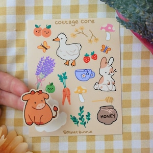 Summer Cute Cottagecore Sticker Sheet - Duck, Bunny, Cow, flowers, fruits and mushrooms - Cottage Core Aesthetic Accessory