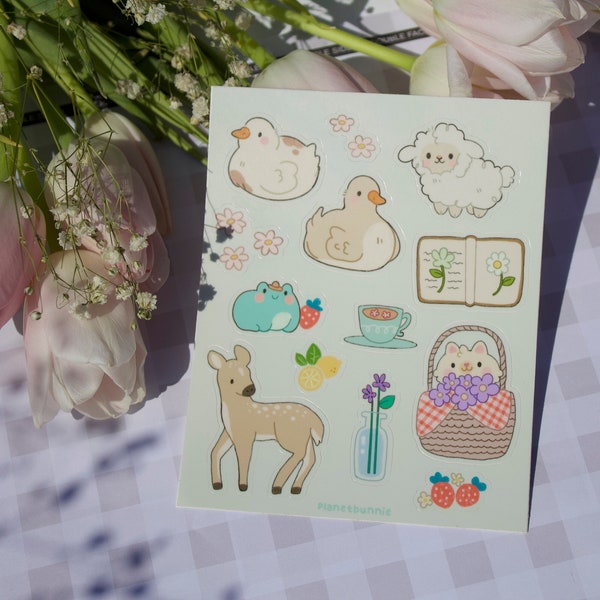 Spring Picnic Sticker Sheet - Duck, Sheep, flowers, fruits, frog - Cottage Core Aesthetic Accessory