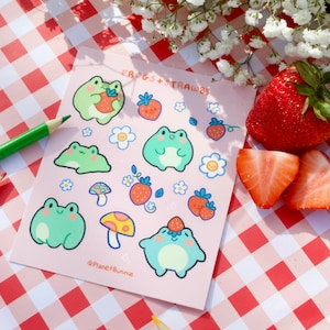 Strawberry Frog Stationery Sticker Sheet - "Frogs + Strawbs" - Cottage Core Waterproof Vinyl Accessories for Bullet Journal