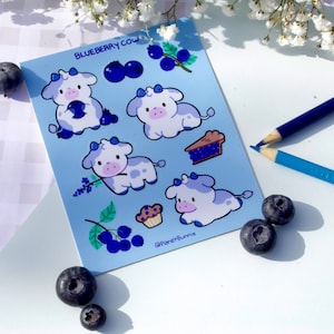 Blueberry Cow Sticker Sheet - Cute Cottagecore Aesthetic Stationery - Waterproof Vinyl Accessories for Bullet Journal or Hydroflask