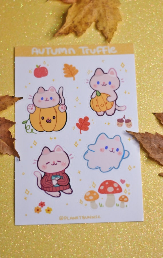 Cute Halloween Cat - Sticker Sheet - Cute Spooky Decor - Ghost Cat - Fall Vibes - Mushrooms