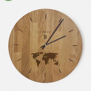 STIRNHOLZ - XXL wall clock made of oak | minimalist design | world map | black hands | quiet clockwork