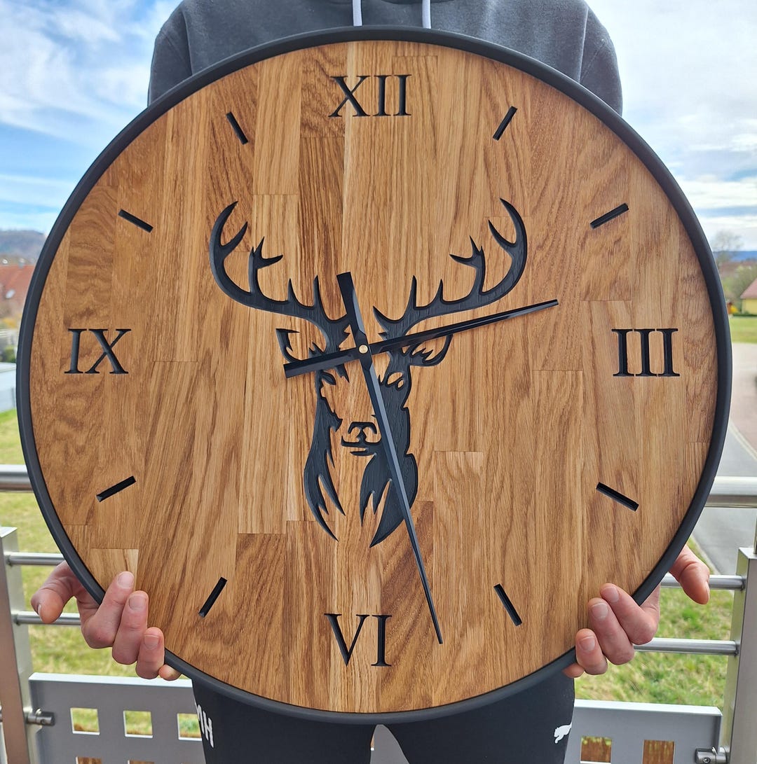 Large Modern Oak Wall Clock | Wood | Engraved Deer Motif | Black Hands ...