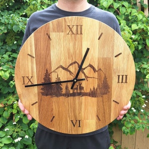 XXL wall clock made of oak | engraved mountain landscape | black hands | large | gift | birthday | wedding | moving in