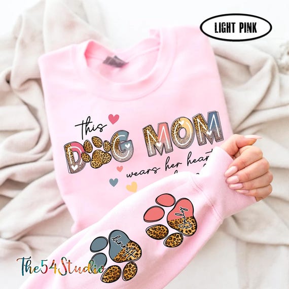 This Dog Mom Wears Her Heart on Her Sleeve Sweatshirt with Pet Name on Sleeve, Custom Dog Mom Sweater, Custom Valentine day Gift for Dog Mom