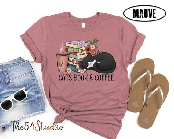 Cat and Book Shirt, Cats Books & Coffee T Shirt For Cat Mom, Funny cat shirt, Cat Mom Gift, Cat Book Lover Shirt, Retro Coffee Shirt