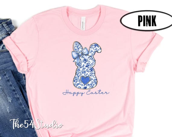 Easter Blue Bunny Floral Grand Millennial T-Shirt, Coquette Bow Easter Bunny Shirt, Blue Toile Easter Rabbit Shirt, Easter Gift, Easter Bow