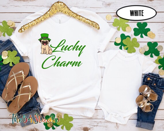 Pug Lucky Charm St Patrick's Day Tee Shirt For Dog Lovers, Lucky Irish Pug Mom shirt, St Paddy's day Pug Gift, Lucky Charm Pug T-shirt