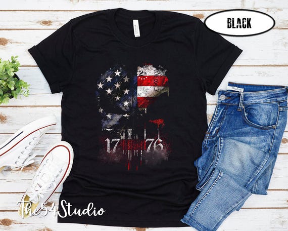 Skull, 1776 American Flag Shirt, distressed, USA flag Shirt, Red White Blue Punisher skull Shirt