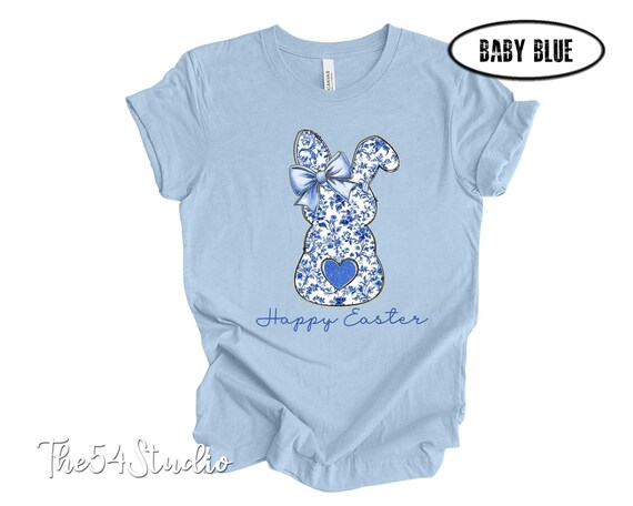 Easter Blue Bunny Floral Grand Millennial T-Shirt, Coquette Bow Easter Bunny Shirt, Blue Toile Easter Rabbit Shirt, Easter Gift, Easter Bow
