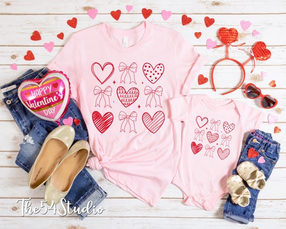 Coquette Valentines Heart Bow Shirt, Valentine Shirt, Women's Valentines Day Hearts Shirt, Bow Valentine Gifts, Coquette Bow