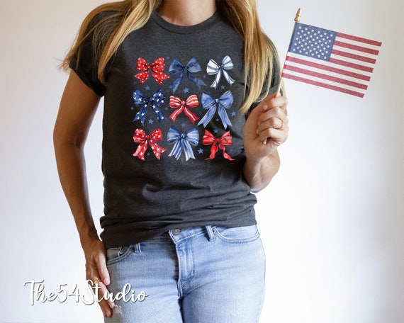 Coquette Patriotic Bow Shirt, 4th of July Bow Shirt, Red White Blue Ribbons, Trendy Summer Shirt, Memorial Day Shirt, Patriotic Gift for Her