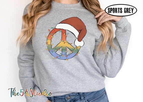 Peace Sign Sweatshirt for Christmas, Peace Santa Hat Christmas Sweatshirt, Merry Christmas Sweatshirt, Peace Sign with Christmas Lights