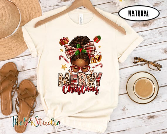 Merry Christmas Messy Bun T Shirt for African American Black Woman, Afro T-shirt, afrocentric holiday, Christmas Gifts