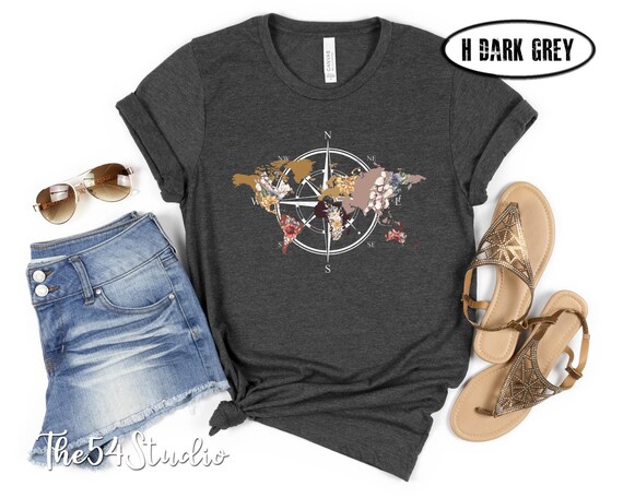 Floral World Map Shirt, Floral Nautical Compass Tee, Travel Gift, Vacation Shirt, Travel Lover, Wanderlust, Traveler Shirt, Explorer Apparel