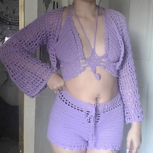 Croched matching butterfly top, shorts and jacket. (Size XS)