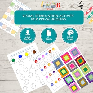 Può includere: Un foglio di lavoro stampabile con attività di stimolazione visiva per bambini in età prescolare. Il foglio di lavoro include oltre 10 attività, come l'abbinamento di colori, forme e motivi. Il foglio di lavoro è intitolato "Attività di stimolazione visiva per bambini in età prescolare".