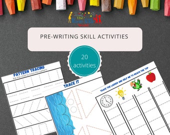 Puede incluir: Un conjunto de 20 actividades imprimibles de preescritura para niños. Las hojas de trabajo presentan el trazado de patrones, formas y líneas. Las actividades están diseñadas para ayudar a los niños a desarrollar sus habilidades motoras finas y prepararlos para la escritura.