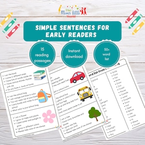 May include: A set of printable worksheets for early readers. The worksheets feature simple sentences about common objects like books, school bags, cars, buses, flowers, and trees. The worksheets are designed to help children learn to read and write.