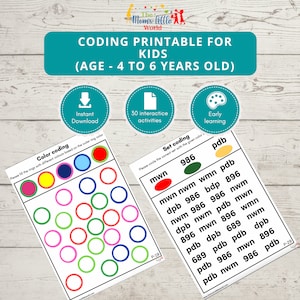 May include: A printable coding activity for kids aged 4-6. The teal banner reads "CODING PRINTABLE FOR KIDS." Two worksheets are shown, one for color coding and the other for set coding. The worksheets have colorful circles and number sets for early learning.