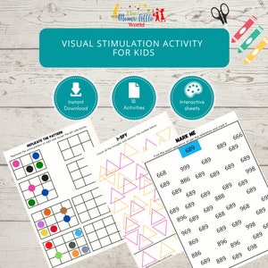 May include: A printable worksheet with three visual stimulation activities for kids. The first activity is called "Replicate the Pattern" and has a grid with colored circles. The second activity is called "I-Spy" and has a grid of triangles in different colors. The third activity is called "Mark Me" and has a grid of numbers.