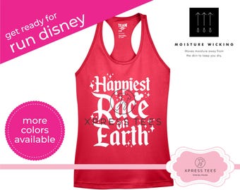 May include: Red tank top with the text "Happiest Race on Earth" in white with a white Mickey Mouse head icon. The tank top is moisture wicking and has a white "Team" logo on the front.