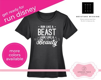 May include: Black short-sleeved t-shirt with white text that reads "Run like a beast - Look like a beauty - Xpress Tees".