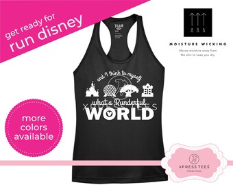May include: Black tank top with a white graphic that says "and I think to myself what a Runderful World" with images of Disney World landmarks. The text "Team" is visible on the back of the tank top.