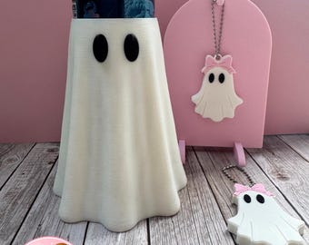 Ghost Can Koozie & Ghost Can Opener Bundle | 3D Printed Halloween Drink Sleeve | Cute Spooky Can Cooler | Ghost Bow Can Tab Opener