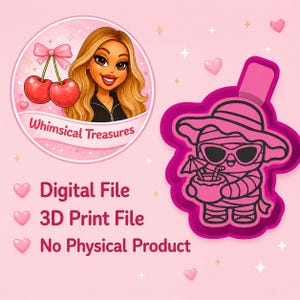 May include: A pink digital file design featuring a cartoon mummy wearing sunglasses, a hat, and holding a drink with an umbrella. The design is surrounded by a pink border. The image also includes the text "Digital File", "3D Print File", and "No Physical Product".