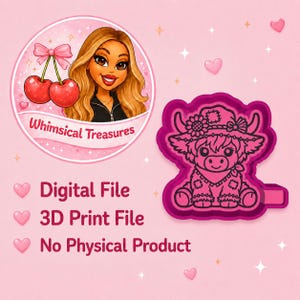 May include: A digital 3D print file featuring a dark pink outline of a highland cow wearing a hat with a sunflower, accompanied by a circular logo with a cartoon character and cherries, labeled Whimsical Treasures, Digital File, 3D Print File, No Physical Product.