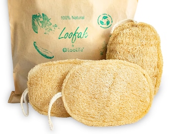 May include: A collection of natural loofah sponges with a brown paper bag. The bag is printed with the words "100% Natural" and "Loofah by Loolife". The sponges are light brown, round, and have a textured surface. Each sponge has a white rope loop.