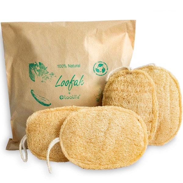 100% Natural Loofah Exfoliating Pad (4 Pack) - Loofah Body Scrubber - Loofah Sponge - Organic Biodegradable Loofah - Exfoliating Body Sponge