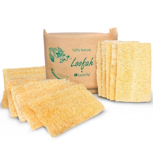 May include: A collection of rectangular, light tan, fibrous loofah sponges arranged in front of a brown paper package. The packaging features green text that reads 100% Natural, Loofah, and Loolife, along with a green graphic of a plant.