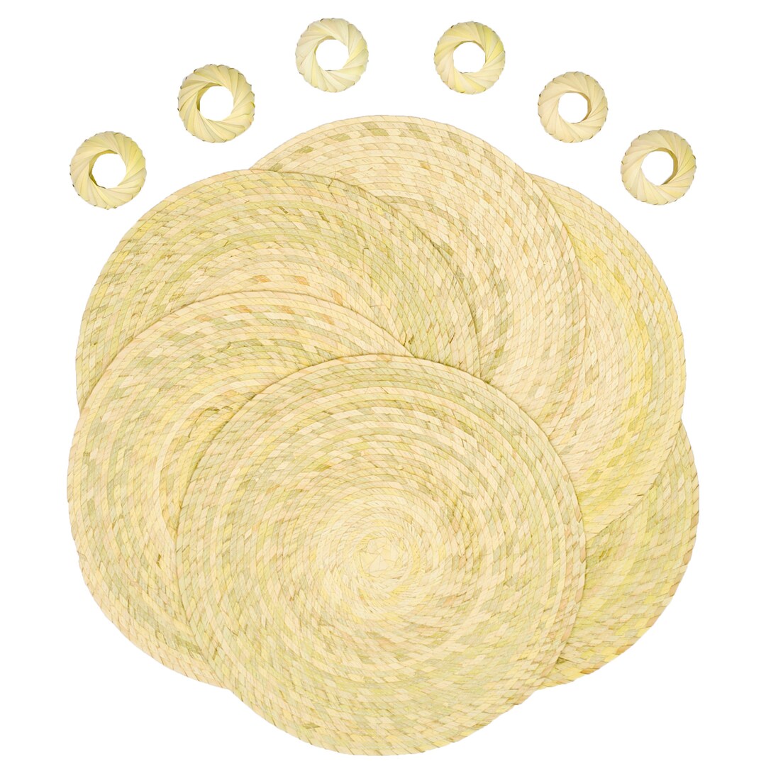 Natural Woven Round Placemats Set of 6 with Napkin Rings Handmade Weave