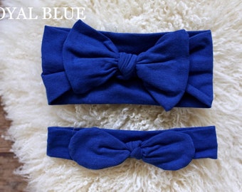 Royal blue hand tied bow nylon headband or clip