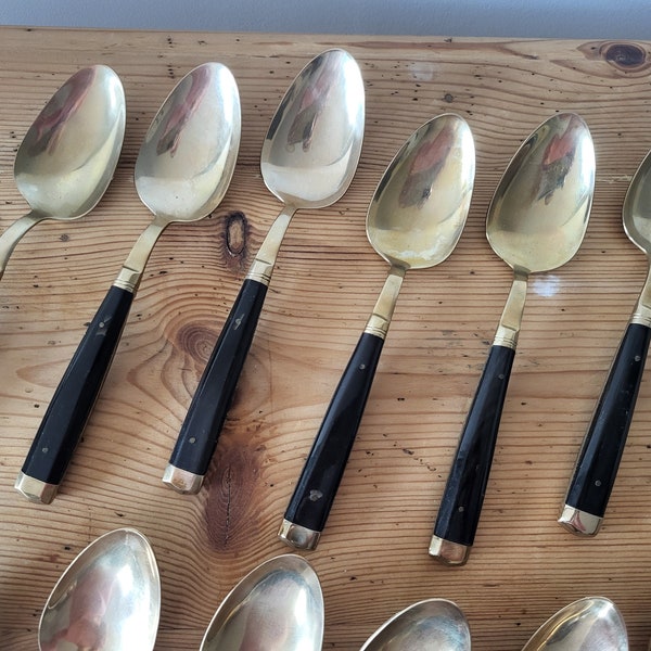 Vintage S Samran Thailand 12 Soup Spoons and 12 Teaspoons Brass with handles and 1 matching small knife.