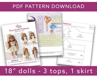 18" Doll PDF Sewing Patterns: Flora Outfit Set - 3 tops, 1 skirt