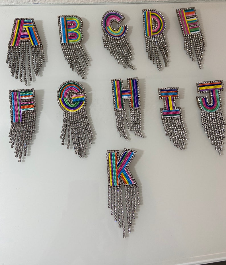 Colorful brooch embroidered by A-Z,with rhinestone fringes,initials,with lapel pin