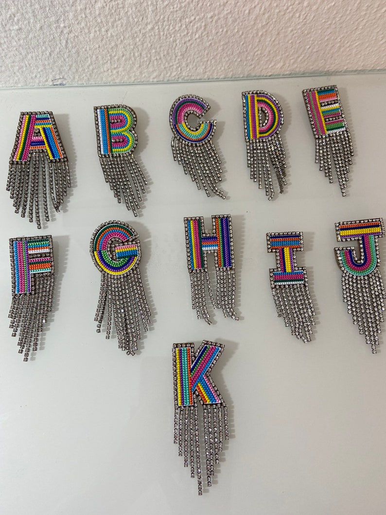 Colorful brooch embroidered by A-Z,with rhinestone fringes,initials,with lapel pin