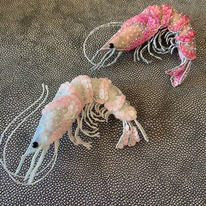 Shrimp brooch embroidered, made of yarn, beads and sequins, handmade, two different colors