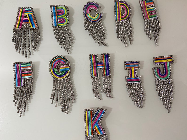 Colorful brooch embroidered by A-Z,with rhinestone fringes,initials,with lapel pin