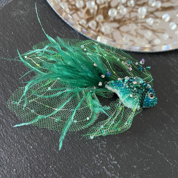Fish brooch "Deluxe green" elaborately crafted with beads, sequins, tulle and feathers, handmade, back made of vegan leather