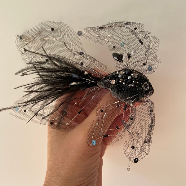 Fish brooch "Deluxe black" elaborately crafted with beads, sequins, tulle and feathers, handmade, back made of vegan leather
