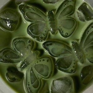 May include: Close-up of a green drink with butterfly-shaped ice cubes. The drink has a milky, opaque appearance, and the ice cubes are a darker shade of green. The ice cubes are scattered throughout the drink, creating a refreshing visual.