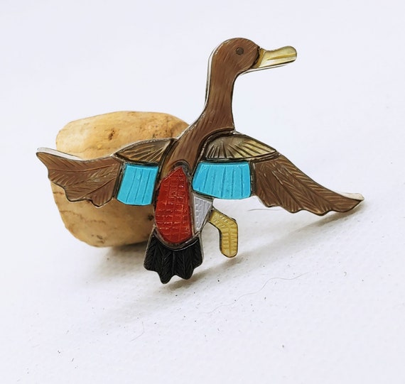 Genuine Zuni Flying Duck Inlay Pin by Steven Lonj… - image 2