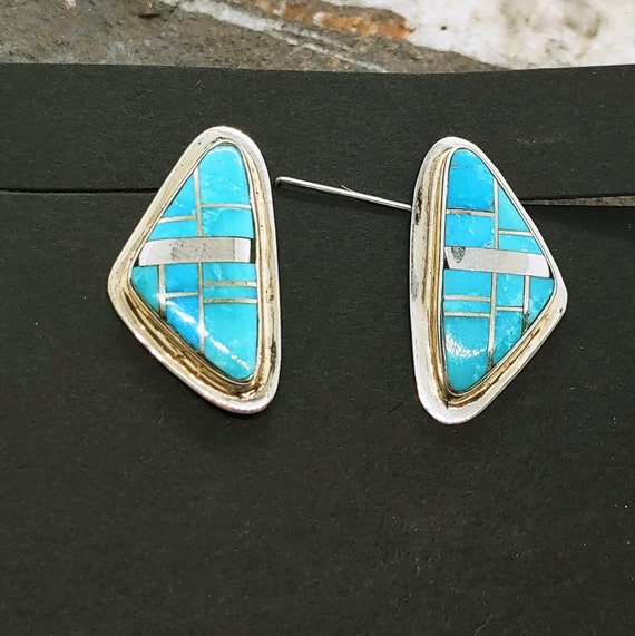 Navajo Sterling Silver and Turquoise Inlay Earrin… - image 1