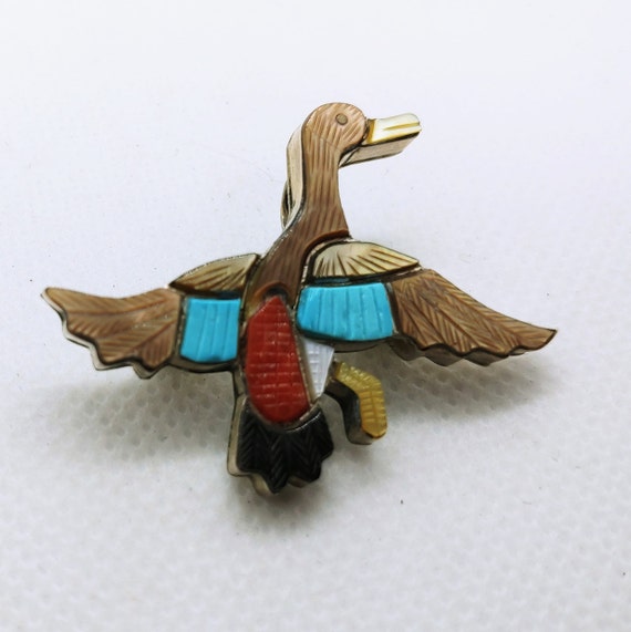 Genuine Zuni Flying Duck Inlay Pin by Steven Lonj… - image 1