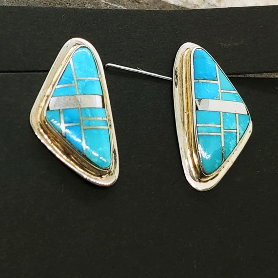 Navajo Sterling Silver and Turquoise Inlay Earrin… - image 2