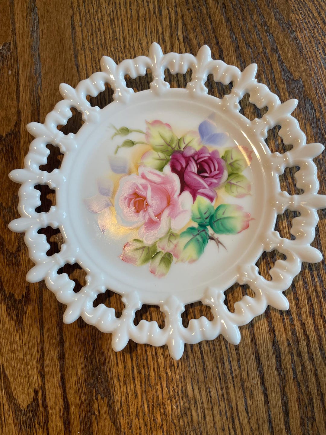 Lefton China Roses Vintage Lefton China Decorative Rose Painted 8” Round Lattice Trimmed ...